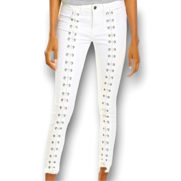 Neon Blonde Blondie White Mid Rise Skinny Tie Up Jean Womens Size 29 - Picture 1 of 7